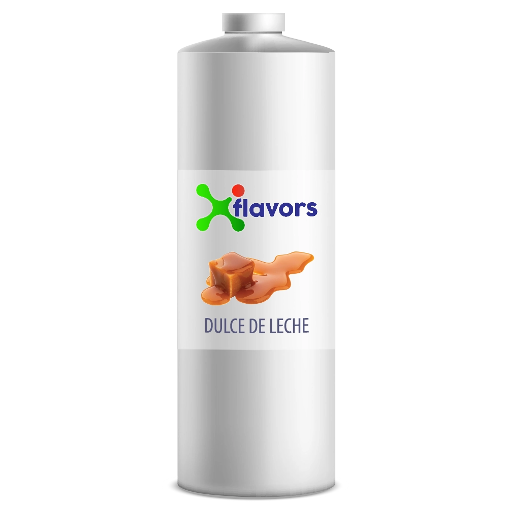 Bottle of X flavors Dulce de Leche on a white background