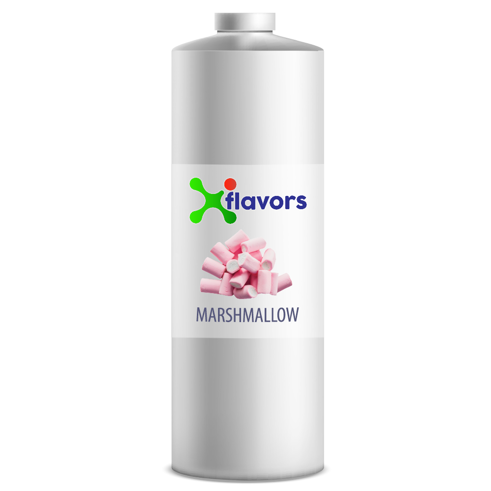 Bottle labeled 'X flavors Marshmallow' on a white background