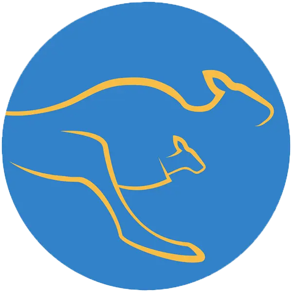 Yellow outline of a kangaroo on a blue circle, aussieblends logo
