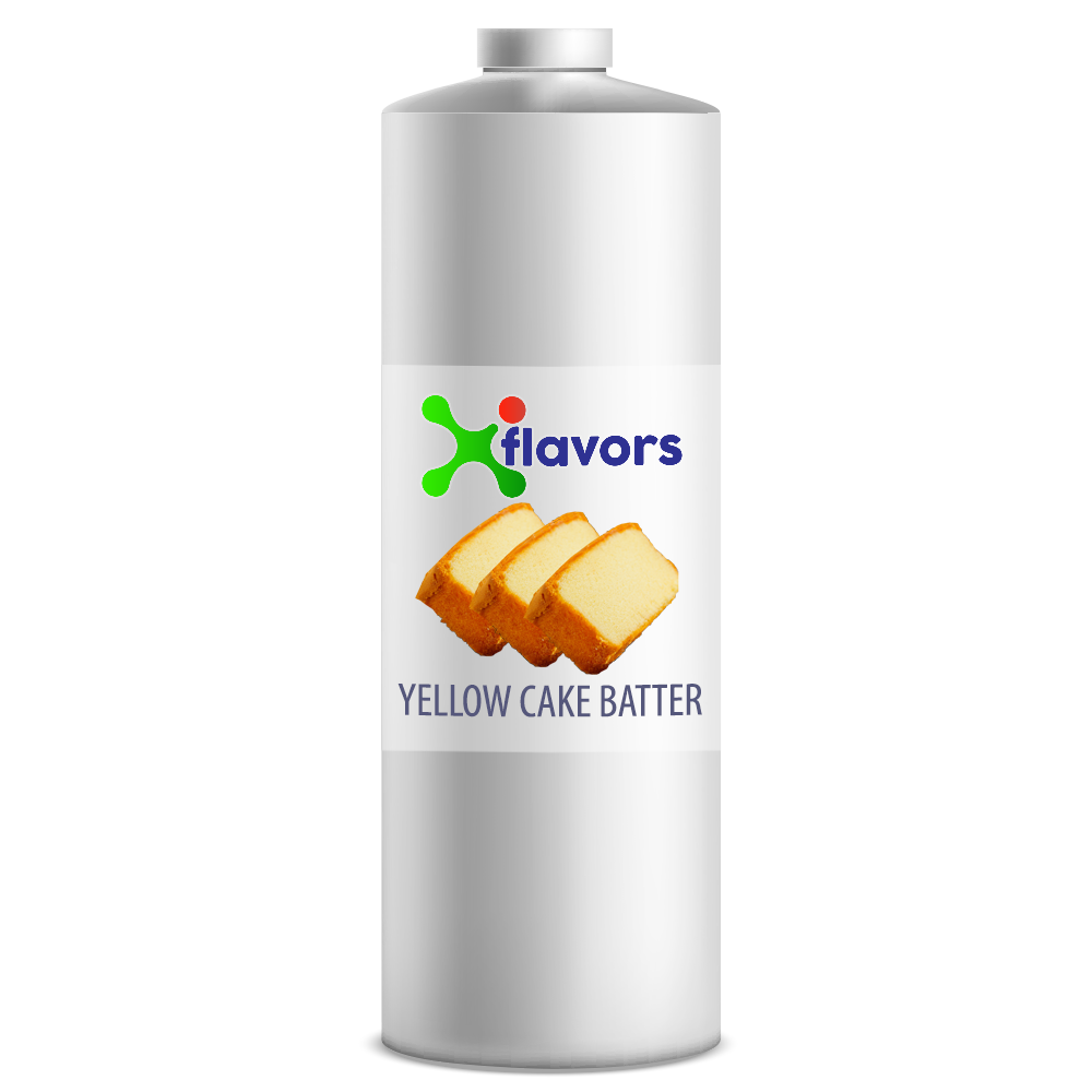 Bottle of yellow cake batter with 'X flavors' logo on a white background