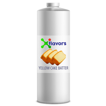 Bottle of yellow cake batter with 'X flavors' logo on a white background