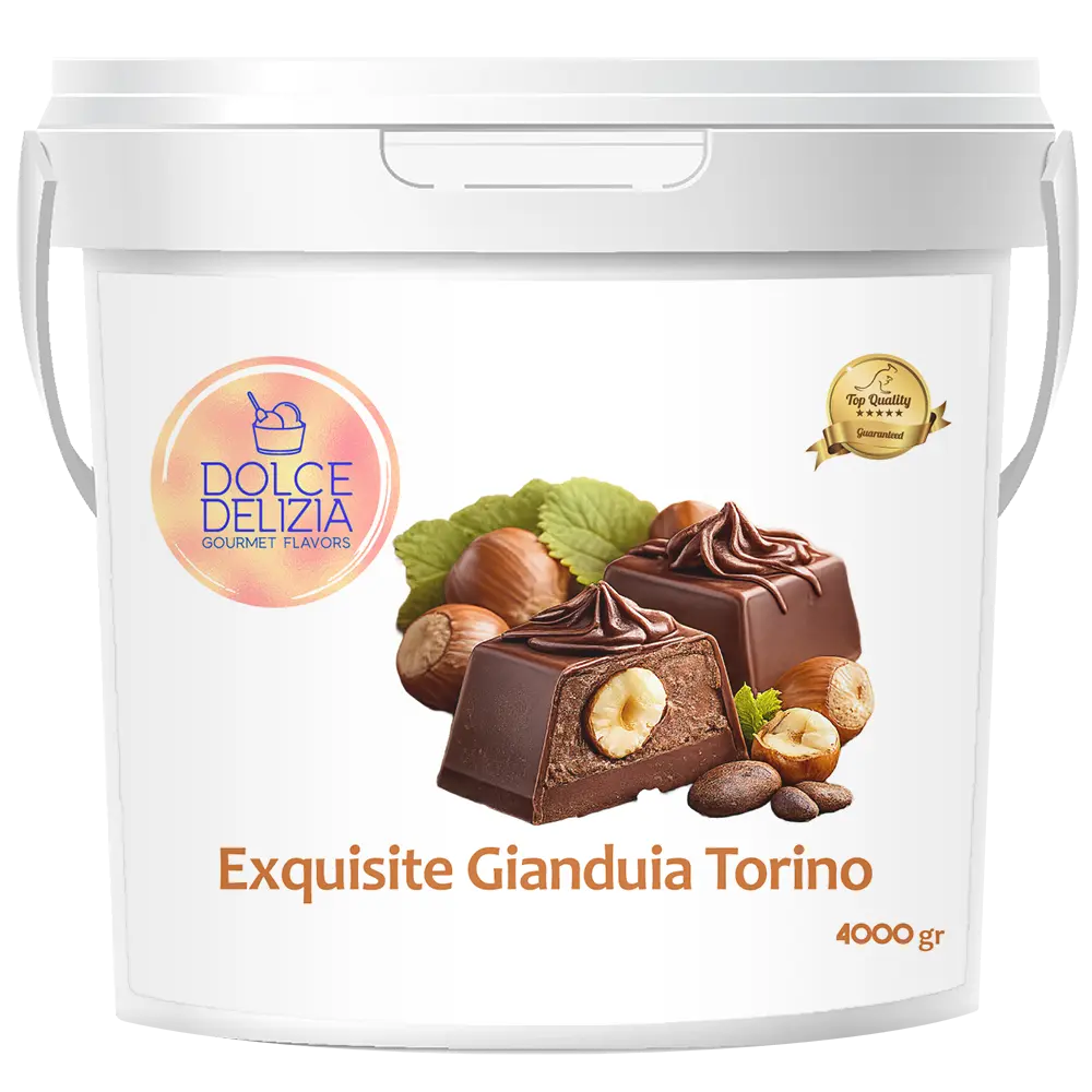 A 4000g white plastic tub of Dolce Delizia Exquisite Giandua Torino confectionery product, featuring a label with an image of chocolate giandua and hazelnuts.