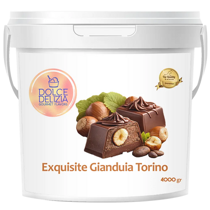 A 4000g white plastic tub of Dolce Delizia Exquisite Giandua Torino confectionery product, featuring a label with an image of chocolate giandua and hazelnuts.
