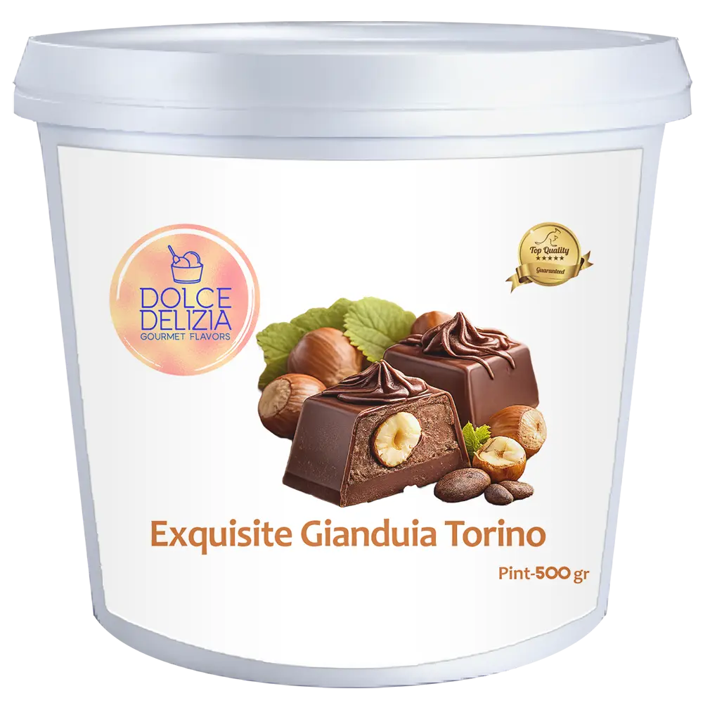 A 500g white plastic tub of Dolce Delizia Exquisite Gianduia Torino chocolate cookies, featuring a label with an illustration of chocolate cookies with banana and hazelnuts.