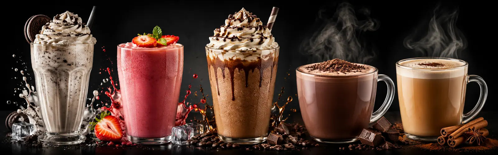 Row of various hot beverages with steam on a dark background