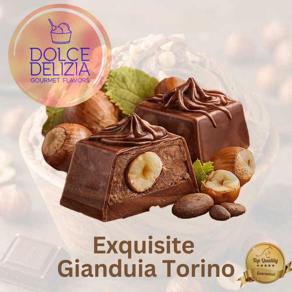 Two decorated chocolate giandua torino with hazelnut filling, presented with whole and halved hazelnuts, green leaves, and whipped cream. The image features the 'Dolce Delizia Gourmet Flavors' logo in the top left and a 'Top Quality Guaranteed' badge in the bottom right.