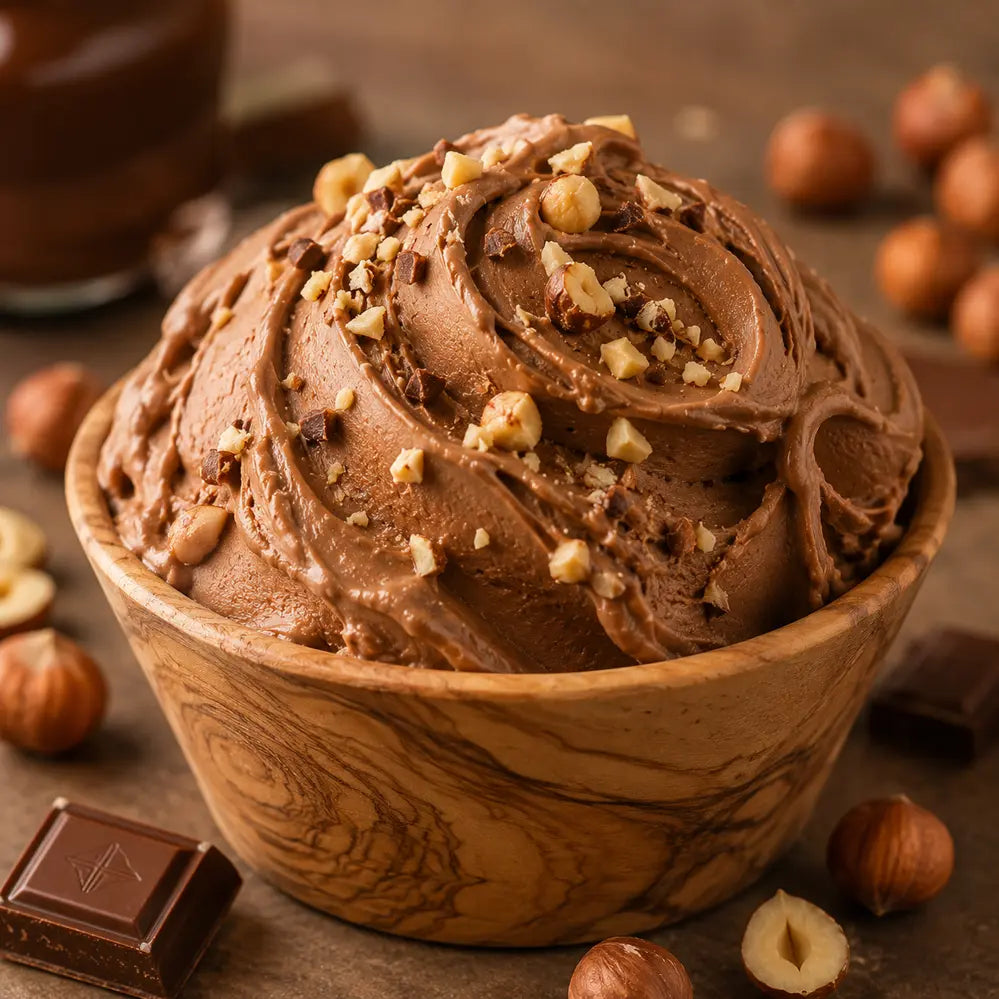 A close-up of a swirl of chocolate ice cream or gelato in a wooden bowl, topped with chopped nuts and dark chocolate pieces, with hazelnuts and chocolate bars scattered around on a wooden surface.