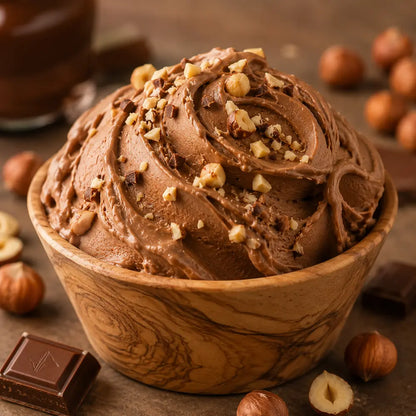 A close-up of a swirl of chocolate ice cream or gelato in a wooden bowl, topped with chopped nuts and dark chocolate pieces, with hazelnuts and chocolate bars scattered around on a wooden surface.