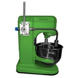 Green mechanical device with a black component on a white background