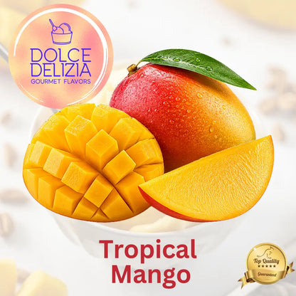 Fresh tropical mangoes including a whole mango with a green leaf, a sliced mango wedge, and diced mango pieces in a white bowl, with the text 'Tropical Mango' and a 'Dolce Delizia Gourmet Flavors' logo.