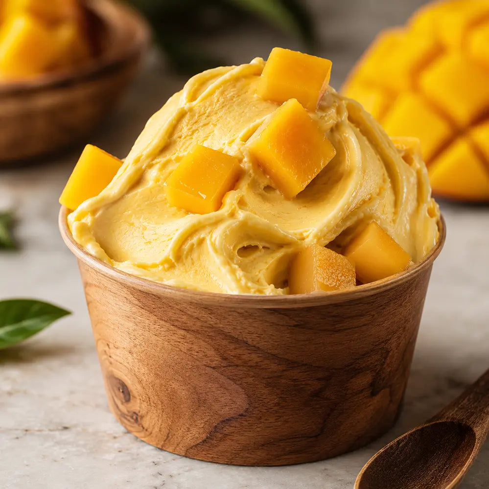 A close-up of a wooden cup filled with creamy mango-flavored ice cream or frozen dessert, topped with fresh mango cubes, on a light stone surface with blurred mangoes and leaves in the background.