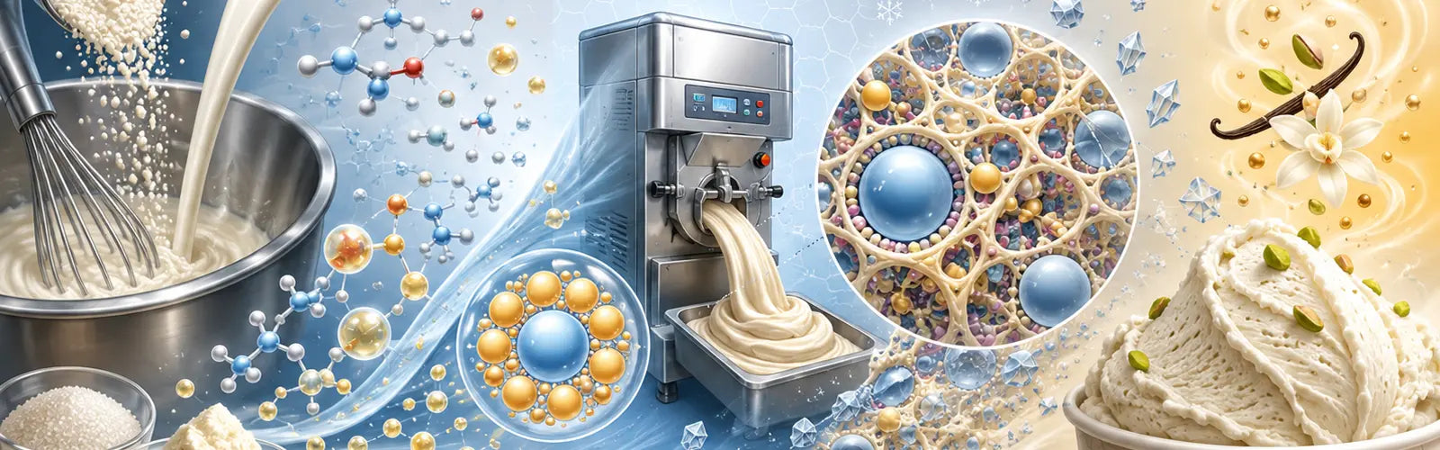 Collage of gelato production process with machine, ingredients, and final product.