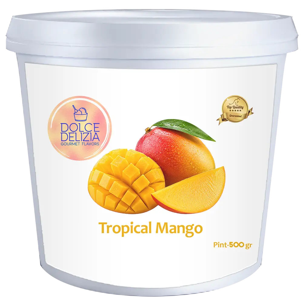 A 500g white plastic tub of Dolce Delizia tropical mango, featuring a label with an illustration of a mango.