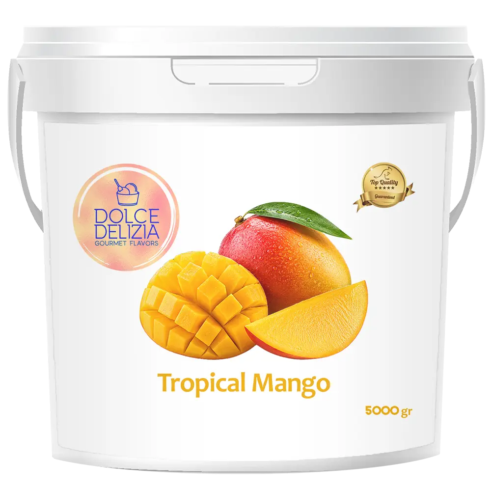 A 5000g white plastic bucket of Dolce Delizia Gourmet Powders Tropical Mango flavor, featuring a colorful label with fresh mango graphics and gold and pink brand logos.
