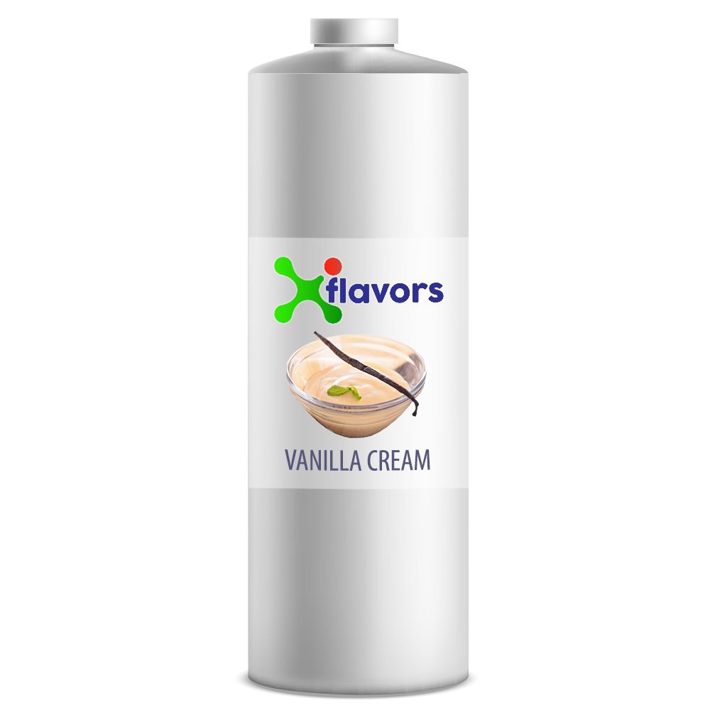 Bottle of vanilla cream flavor liquid with X flavors logo on a white background