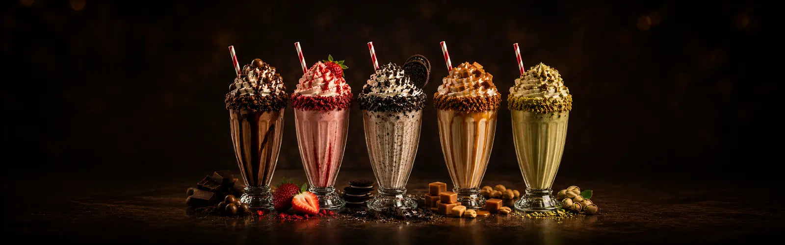 Five milkshakes with various toppings arranged in a row on a dark background