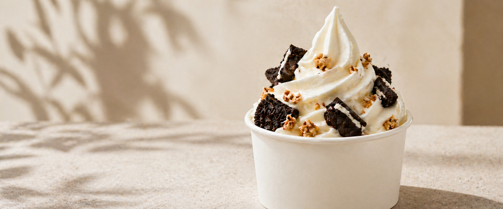 aussieblends frozen yogurt with cookie pieces in a white container on a beige surface