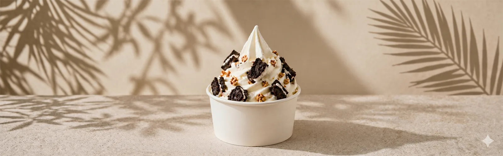 Ice cream sundae with whipped cream in a white cup on a beige background with leaf shadows