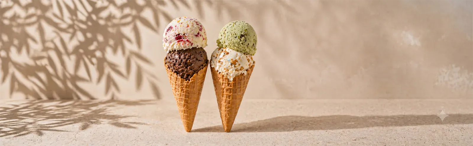 Three ice cream cones with different flavors on a beige background