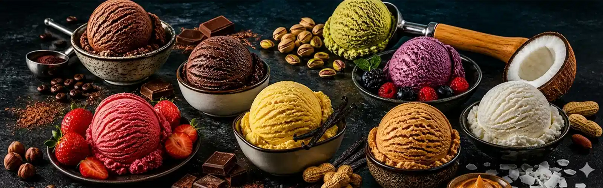 Assorted ice cream flavors in bowls with toppings on a dark surface