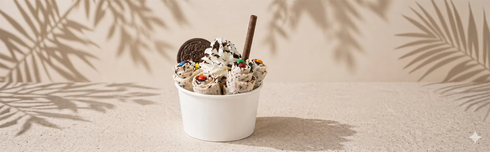 Ice cream sundae with cookies and a cinnamon stick in a white cup on a beige background