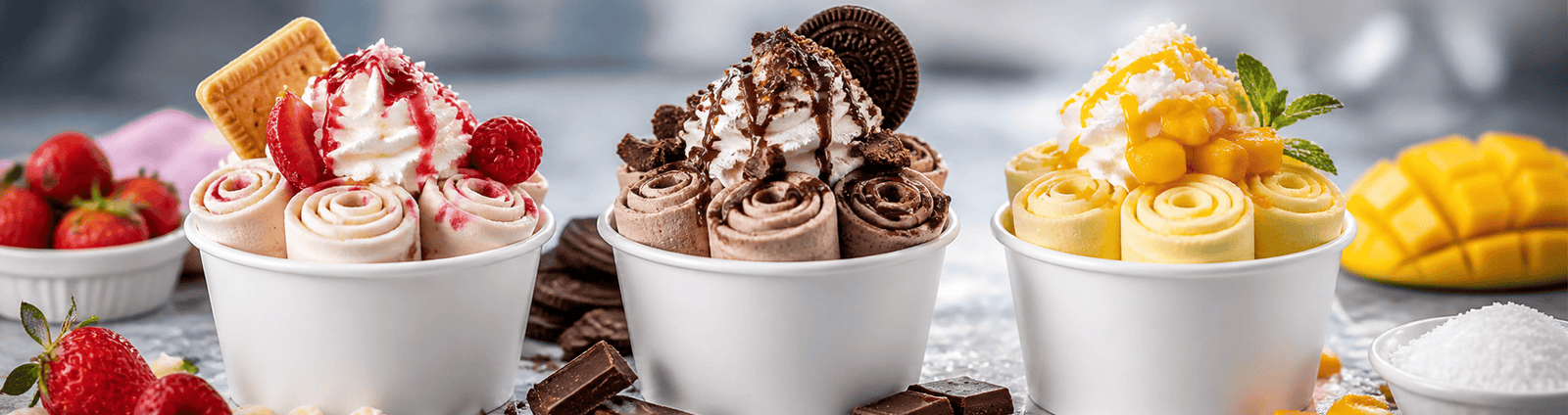 Three bowls of ice cream with various toppings on a light background