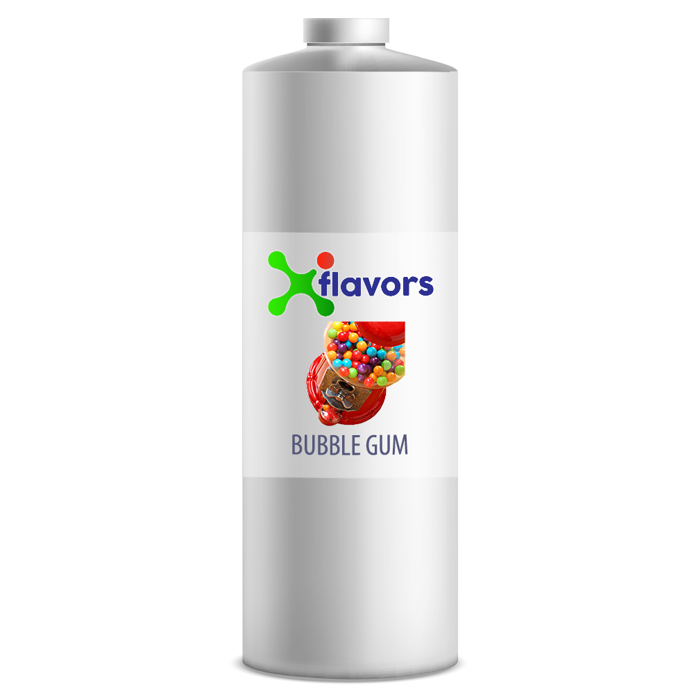 Bottle of X flavors bubble gum on a white background