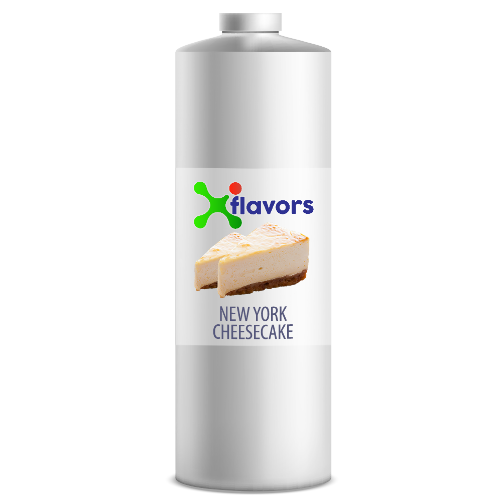 Bottle of New York Cheesecake flavor with 'X flavors' logo on a white background