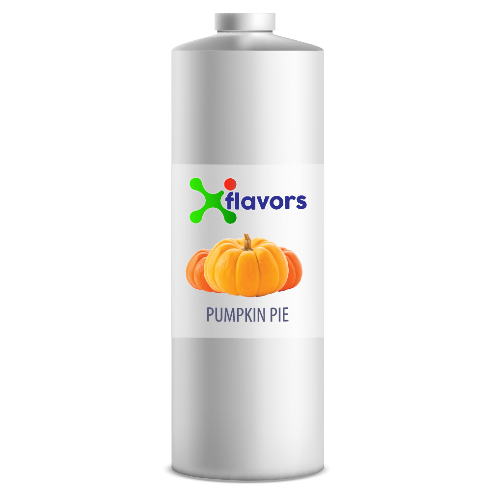 Bottle labeled 'X flavors Pumpkin Pie' with a pumpkin illustration on a white background