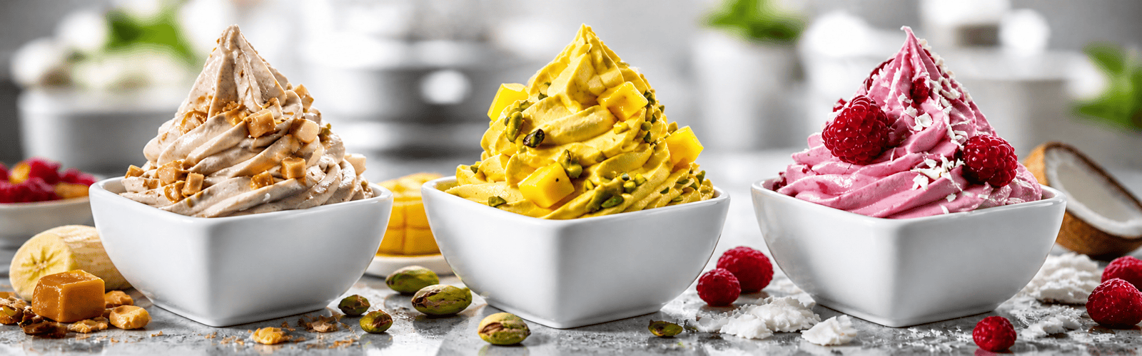 Three bowls of ice cream with different flavors on a blurred background