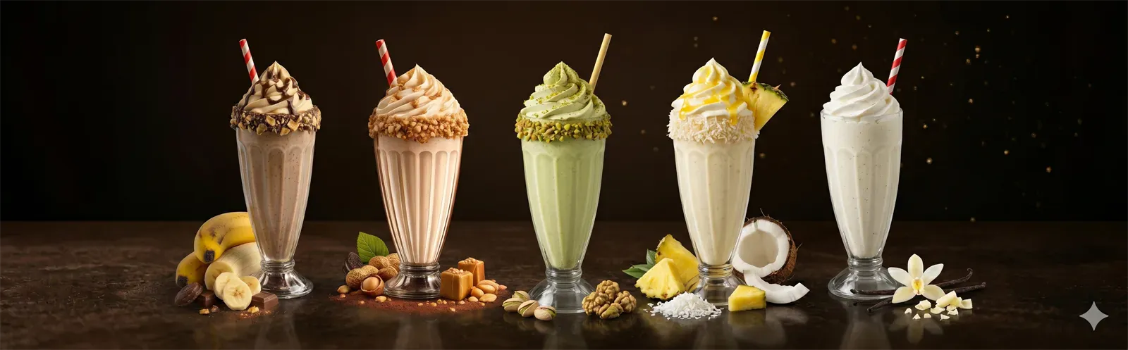 Row of six milkshakes with various toppings on a dark background