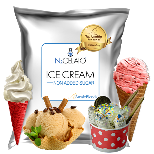 N2Gelato ice cream packaging with various ice cream cones and a bowl on a white background
