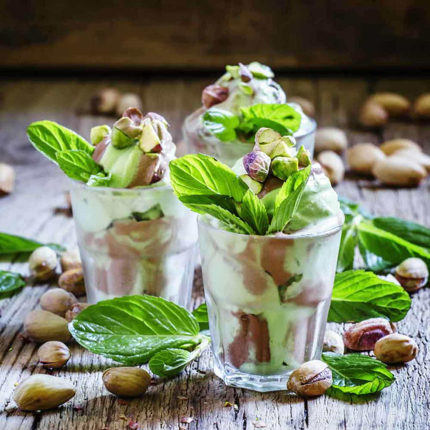 soft serve mix with pistachio and mint leaves