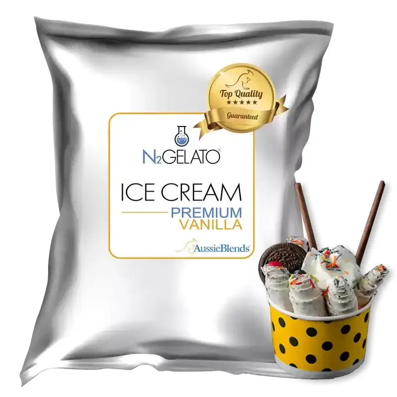 N2Gelato Premium Vanilla Rolled Ice Cream Mix bag - luxury Australian-made dairy base by AussieBlends with Luxury vanilla flavor profile, FDA Real Ice Cream standard for cold pan technique