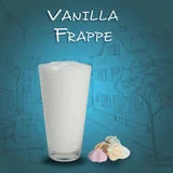 Vanilla frappe with ice cubes and vanilla beans on a blue gradient background