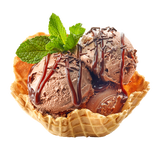 Chocolate ice cream in a waffle bowl with a sprig of mint on a white background