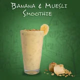 Banana and Muesli Smoothie with ingredients on a green background