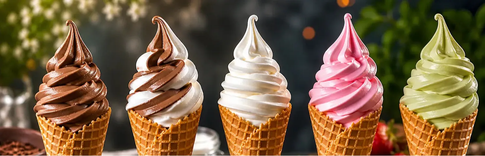Five ice cream cones with different flavors in waffle cups on a blurred background.