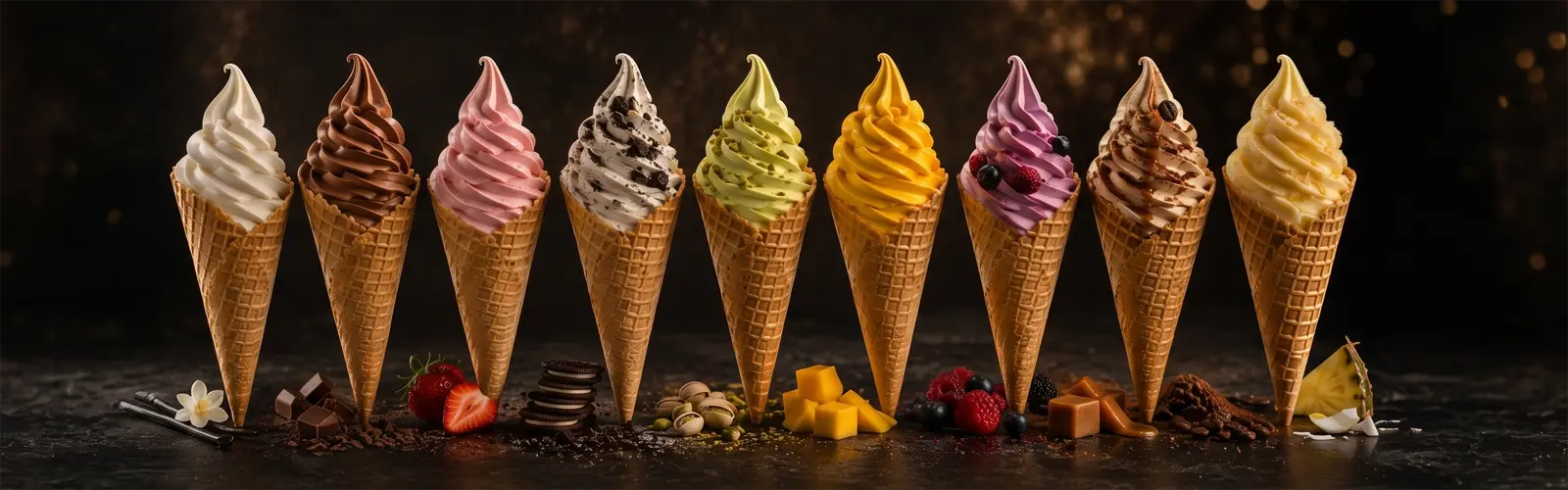 Row of colorful ice cream cones on a dark background