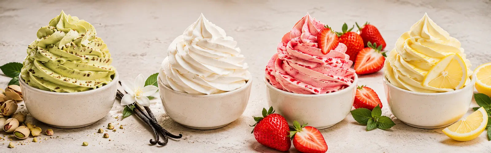 Four bowls of different colored vegetable whipped cream with strawberries and lemon slices on a light background